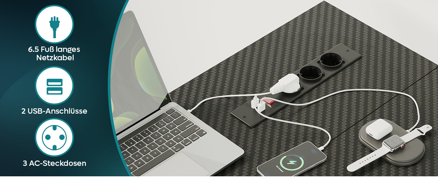 Ігровий стіл Bestier з LED-підсвіткою, кутовий, з 2 USB-портами та 3 розетками, з полицею та підставкою для монітора, великий для офісу та спальні, 147 x 80 см, чорний, з карбоновим покриттям