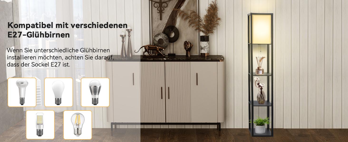 Торшер Fullwatt з дерев'яною полицею та підсвічуванням для спальні та вітальні (чорний)