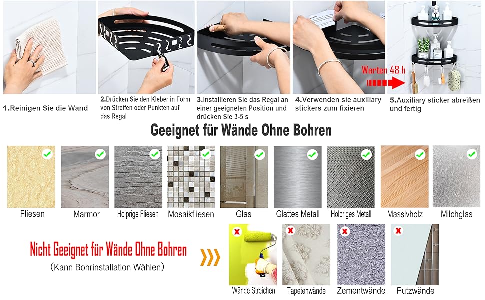 Душова полиця чорна, настінна металева полиця для ванної без свердління, кутова полиця з гачками, антикорозійна, 2 шт., матова