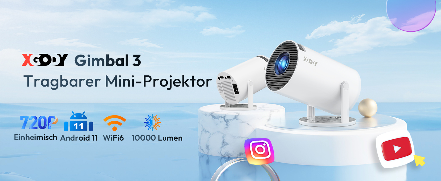 Проектор Xgody Gimbal 3 New: 12000 Люмен, Android 11.0, WiFi 6, Bluetooth, Auto Keystone, Підтримка 4K 1080P, 720P HD, для домашнього кінотеатру (білий)