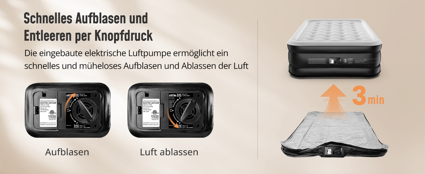 Надувне ліжко Airefina з самонадувною функцією та вбудованим насосом. Розмір 203x152x46 см (подвійне). Для кемпінгу та дому. Міцне гостьове ліжко.