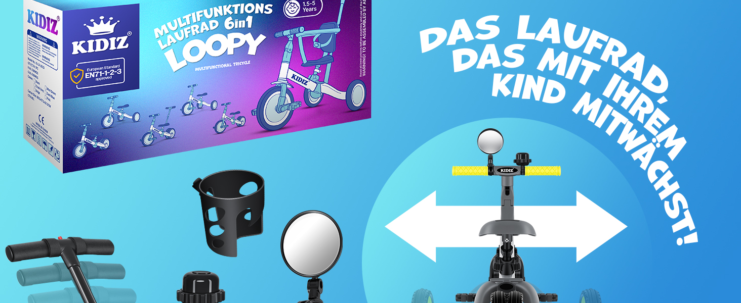 Біговел-триколіс KIDIZ 6-в-1 для дітей від 1 до 5 років (до 25 кг), сірий: з ручкою, захисним бампером, ременем безпеки, дзвінком та дзеркалом