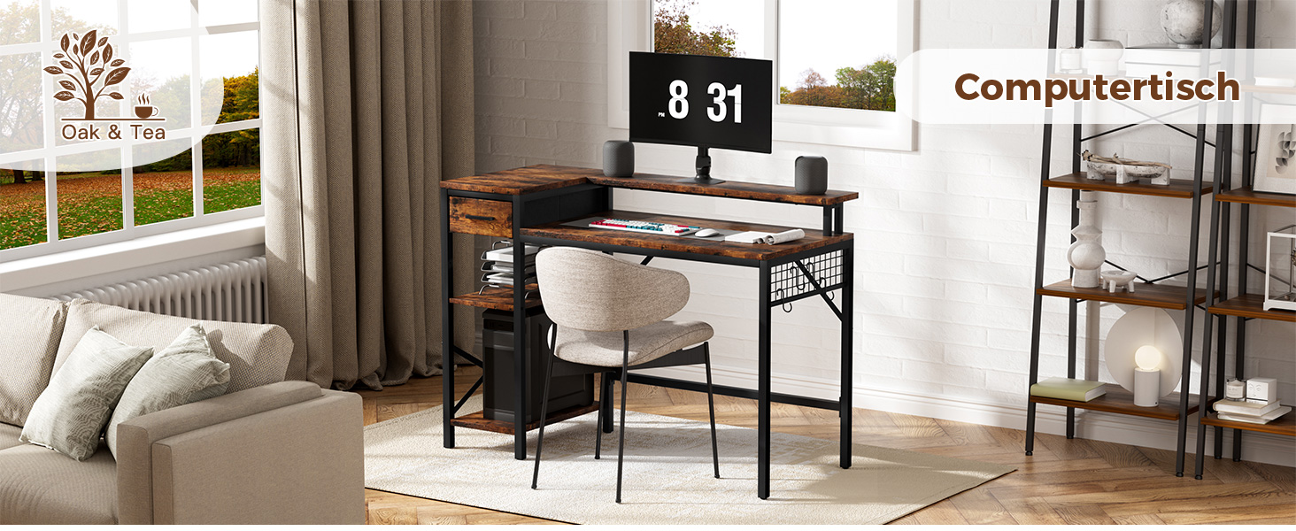 Ігровий стіл Oak & Tea 120x52 см з ящиками, регульованою полицею та тримачем для монітора – для навчання, ігор, роботи та дому. Колір: коричневий та чорний (вінтажний).