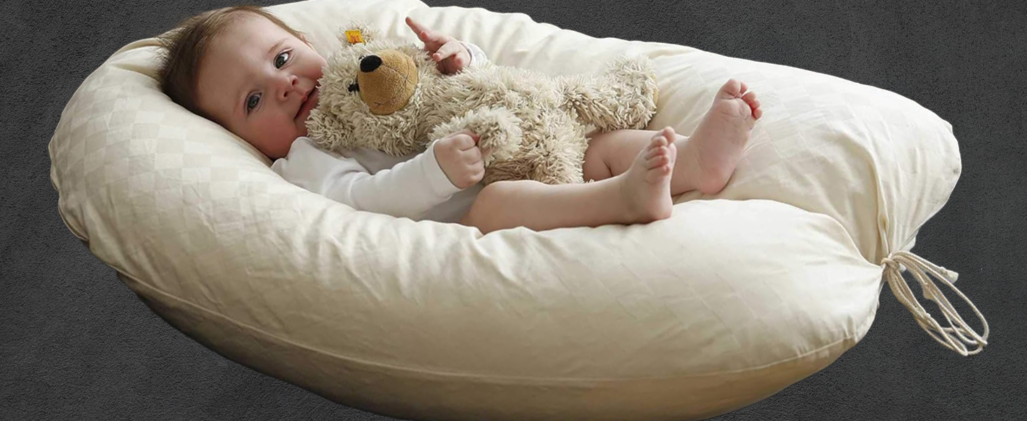 Подушка для годування Stillkissen XXL з органічної бавовни та наповнювачем з капоку | велика подушка для годування та пляшечки | вагітна подушка для сну на боці | антиалергенна та тиха | 190x30 см, кремовий колір, перкал