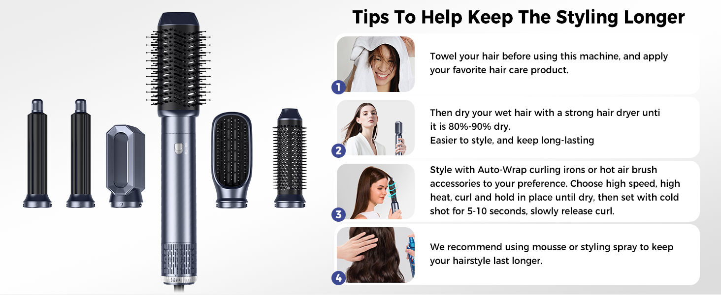 Багатофункціональний стайлер для волосся Haarstyler 6-в-1: фен-щітка, випрямляч, плойка, насадки для об'єму та локонів, блакитно-золотий