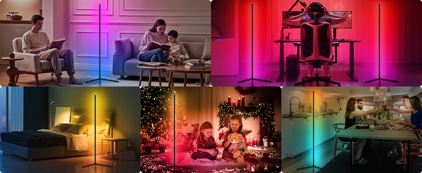 LED торшер у вітальню RGB кутовий, димується з пультом та додатком, синхронізація з музикою, DIY-режим, таймер - чорний