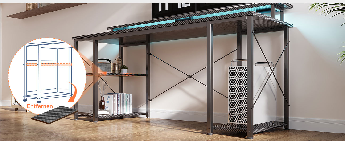 Ігровий стіл Coleshome з LED-підсвічуванням, 120x50 см, з USB та розетками, з підставкою для монітора та місцем для зберігання