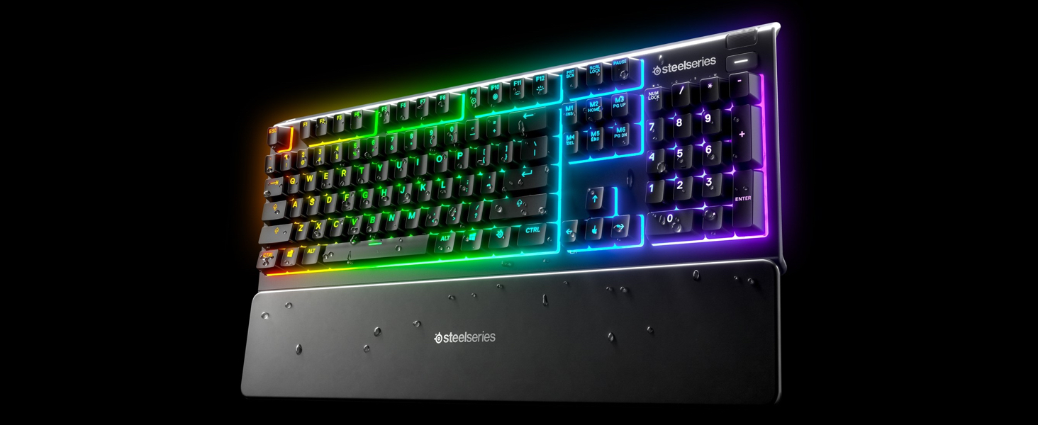 Клавіатура SteelSeries Apex 3 для ігор з RGB-підсвічуванням 10 зон, тихі ігрові клавіші, преміум підставка для зап'ястя, захист IP32, QWERTZ розкладка