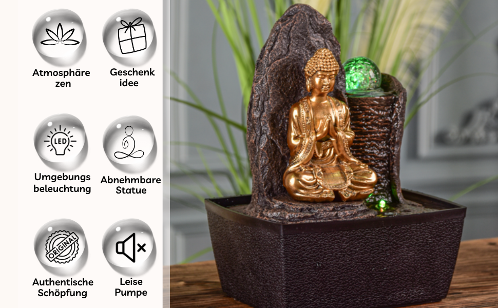 Джерело води Zen'Light від Zimmerbrunnen: Будда, LED-підсвітка, для медитації та релаксації. Декор у стилі фен-шуй, висота 26 см, горіх (Haka)