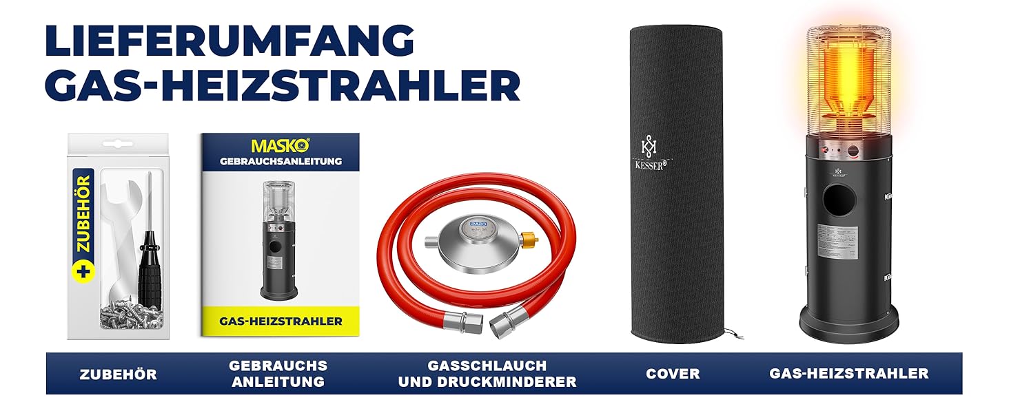 Газовий обігрівач KESSER® KE12 - Тепло для тераси: 10 кВт, з захисним чохлом, чорний (Газовий балон не входить у комплект)