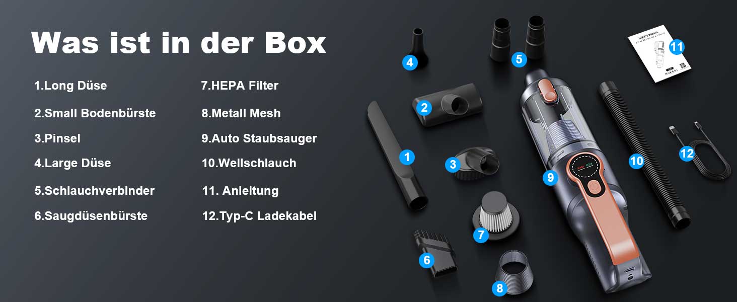 Акумуляторний ручний пилосмок Handstaubsauger 26000 Па, бездротовий автомобільний пилосмок 4-в-1 з безщітковим двигуном, HD-дисплеєм та LED-підсвіткою, помаранчевий