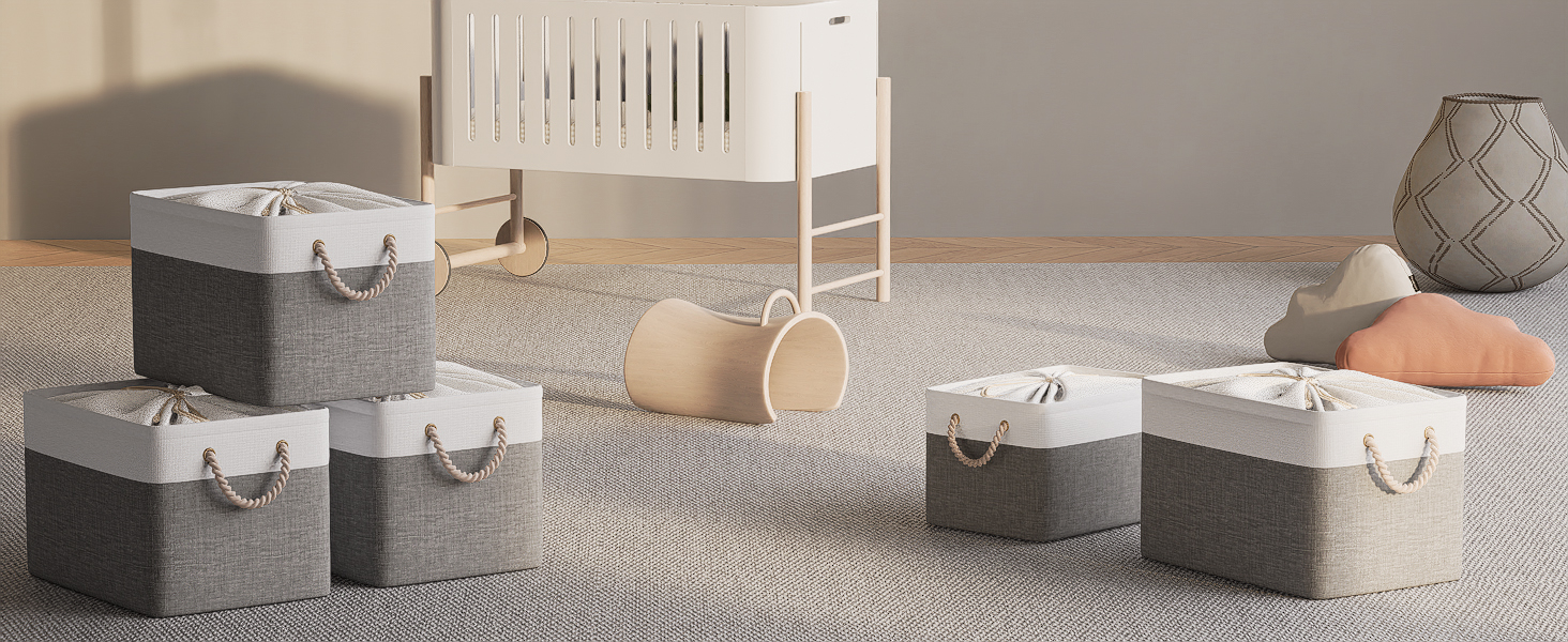 OUTBROS Коробки для зберігання (3 шт.) 33x23x20 см, тканинні, з шнурком та ручкою, складні, сірий/білий