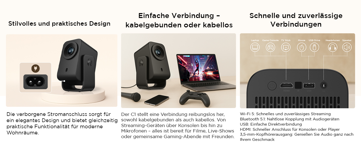 TCL C1 Smart Mini Beamer 4K: Проектор з Google TV, Netflix, Wi-Fi, Bluetooth, Автофокус, Keystone, Dolby Audio 8W