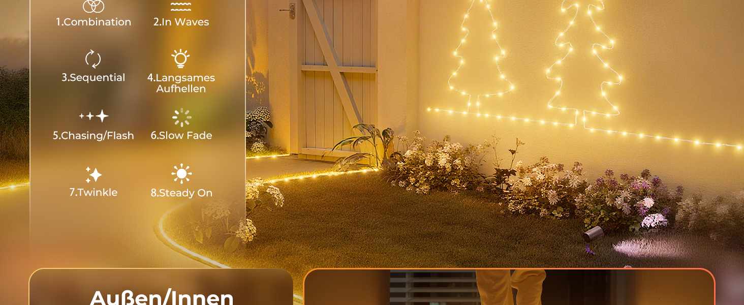 LED гірлянда для декорування приміщень та вулиці: 24 лампочки, 12м, RGB, тепле світло, 8 режимів, таймер, димування. Підходить для вечірки, саду, балкону, тераси, весілля, Різдва.