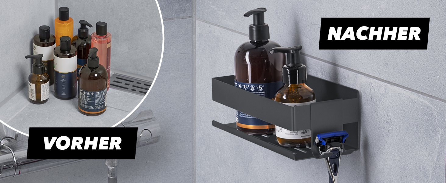 Набір душових полиць BENKSTEIN (2 шт.) | Полиці для душу з кріпленням на клей або свердління | Корзинка для душу без свердління | Тримач для гелю для душу та шампуню | Організатор для ванної кімнати, полиця для душу, срібна, 2 шт.