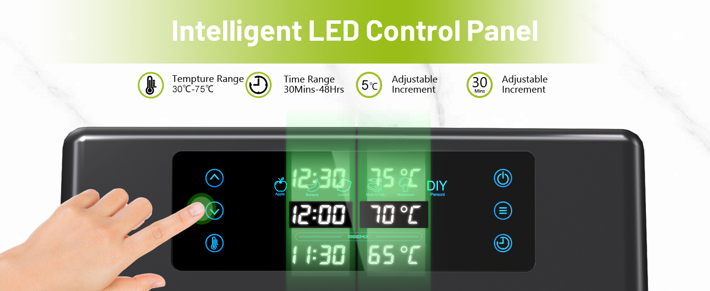 Дегідратор Reemix, 8 полиць, LED-дисплей (30-75C), 600 Вт, таймер на 48 годин, сушарка для фруктів, брошура з рецептами, можна мити в посудомийній машині