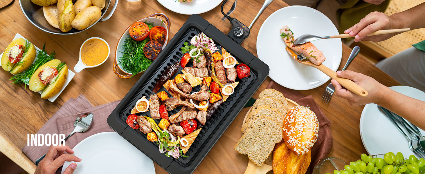 Електричний гриль FIMEI для столу 1800W з антипригарним покриттям, регулюванням температури, для балкону, дому та вулиці, з піддоном для збору жиру (можна мити в посудомийній машині)