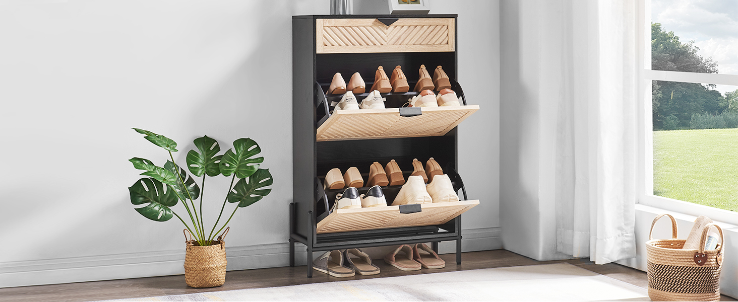 Вузька шафа для взуття з 2 дверцятами, економна, закрита полиця для взуття, шафа для взуття, полиця для взуття з ящиками для передпокою та вітальні (Дуб & Чорний) Дуб & Чорний Середній