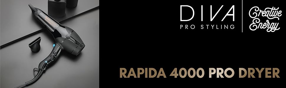 Фен Diva Styling Rapida 4000 Pro - Фен - 4 швидкості нагрівання та 2 швидкості вентилятора - З Cool-Shot - Міцний двигун змінного струму, чорний онікс