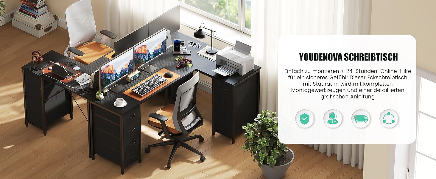 Кутовий стіл YOUDENOVA 150x100 см з шухлядами, розеткою та USB-зарядом, чорний. Стол L-подібний з місцем для зберігання