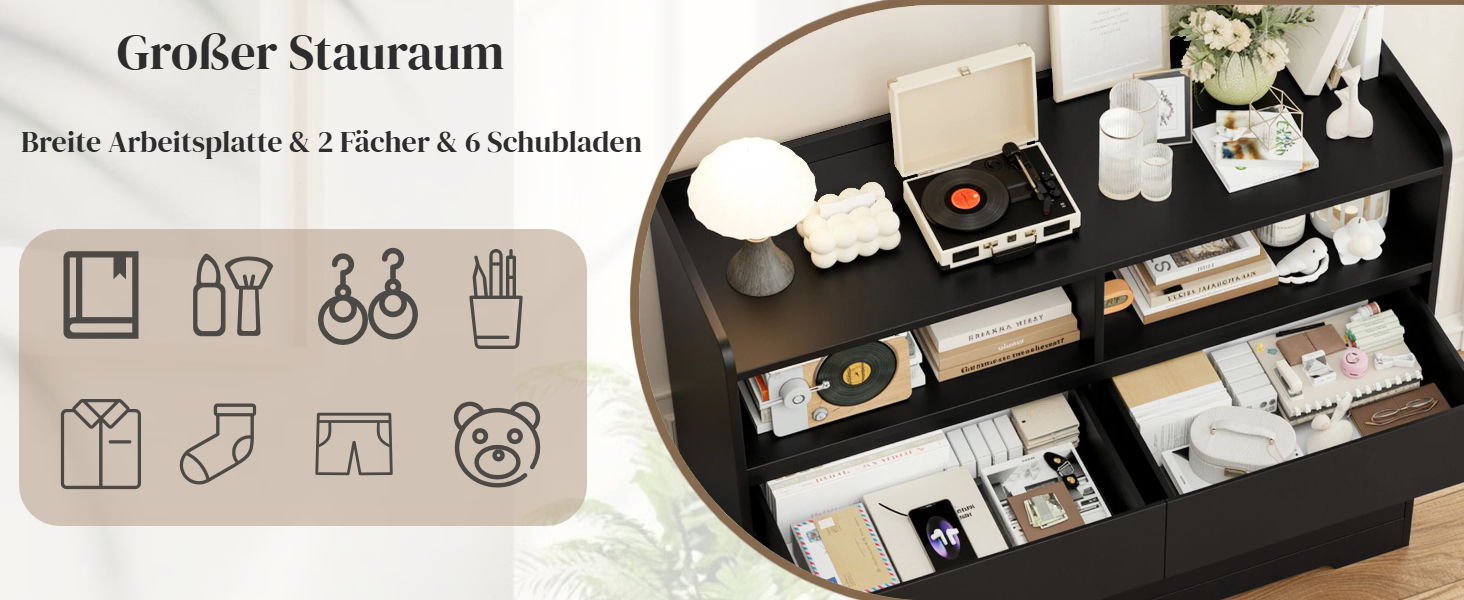 Комод FOREHILL з 6 висувними ящиками 120 см, тумба приліжкова для спальні, вітальні, коридору, 120x40x100 см, чорний