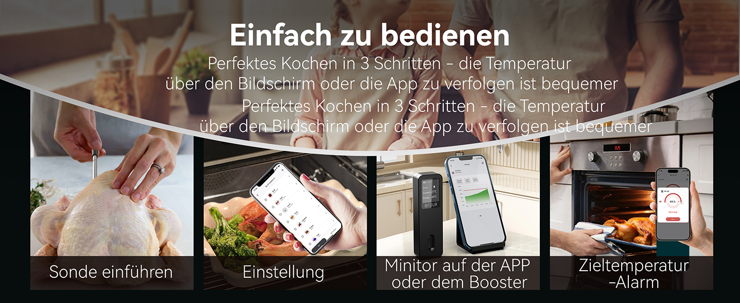 Термометр для м'яса BFOUR BF-30 PRO: бездротовий Bluetooth термометр для гриля з підключенням до додатку, LCD-дисплей, IP67 водонепроникний, для BBQ, духовки, гриля, кухні (чорний)