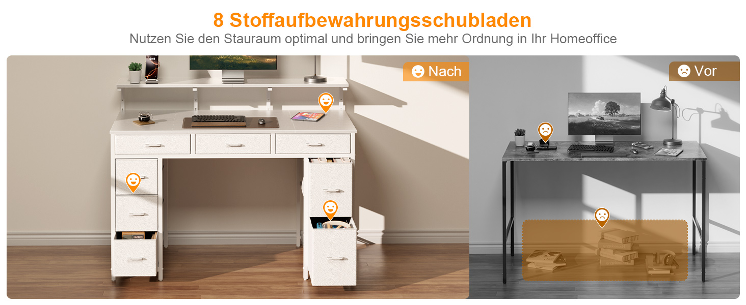 Комп'ютерний стіл з 8 висувними ящиками, 2 розетками та USB-портами, LED-підсвічуванням та підставкою для монітора, 120 x 50 x 74 см, білий