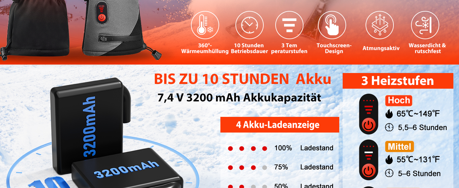 Гріючі рукавички з акумулятором 7.4V 6400mAh USB, 3 режими нагріву, водонепроникні рукавички з підігрівом для зимових видів спорту, катання на лижах, мотоциклі, велосипеді та піших прогулянок
