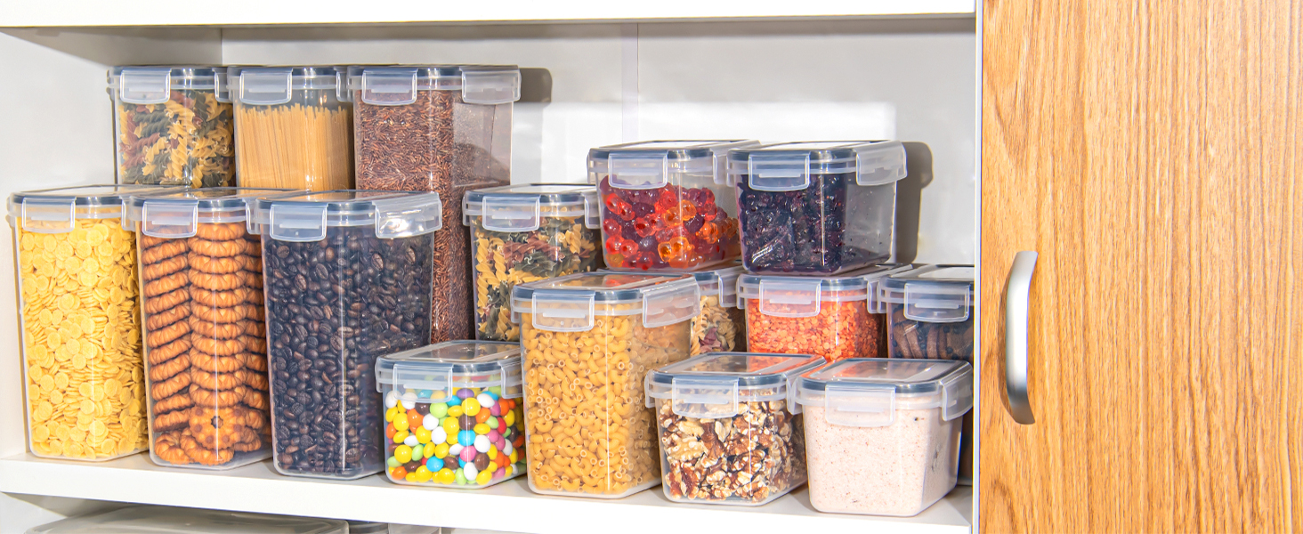 Набір контейнерів для зберігання GoMaihe (24 шт) з герметичними кришками: контейнери для продуктів з етикетками та маркером | Коробки для зберігання на кухню для мюслі, борошна, кукурудзяних пластівців та цукру | Без BPA | Можна мити в посудомийній машині, чорний - 24 шт.