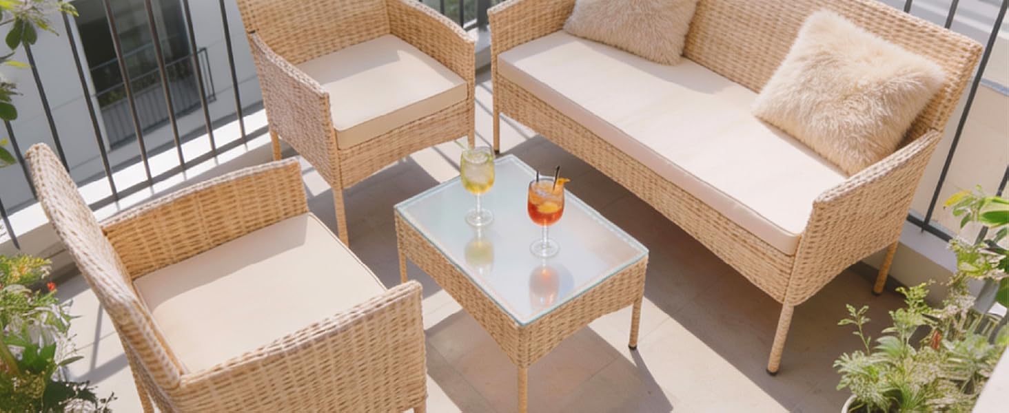 Садовий набір меблів Juskys Fort Myers з ротангу (кремовий) на 4 особи: диван, 2 крісла, стіл, подушки - вуличні меблі для балкона та саду