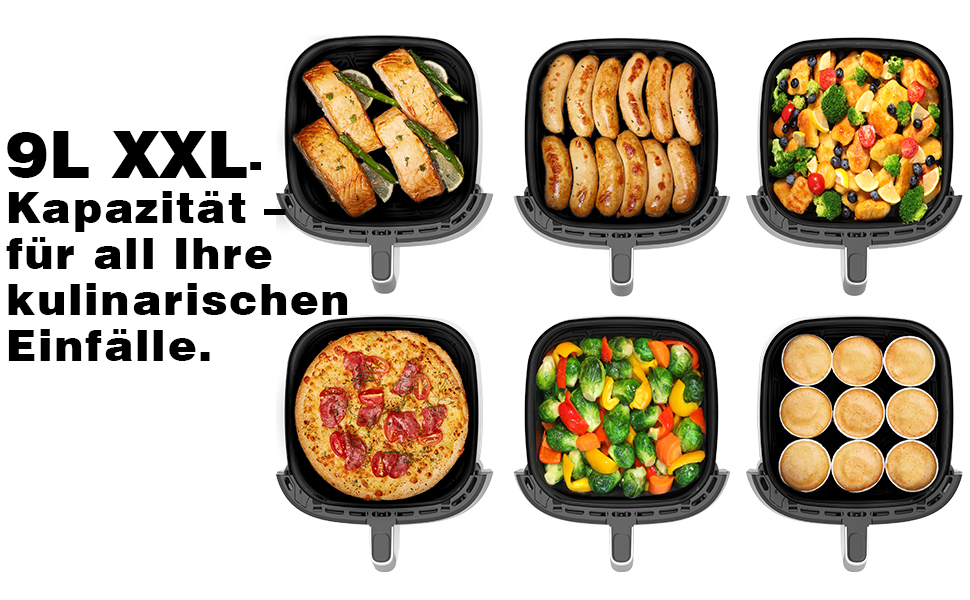 Фритюрниця повітряна XXL 9л, 2350W, 9 програм, LED дисплей, функція підігріву, металевий внутрішній простір, для сімейних обідів