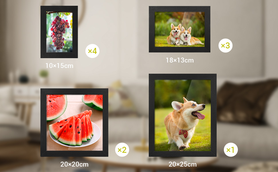 Набір фоторамок LIFERUN, набір з 10 фоторамок, рамка для фоторамки МДФ, різні розміри 20x25см, 20x20см, 13x18см, 10x15см, набір фоторамок для сім'ї з кількома картинками (чорний)