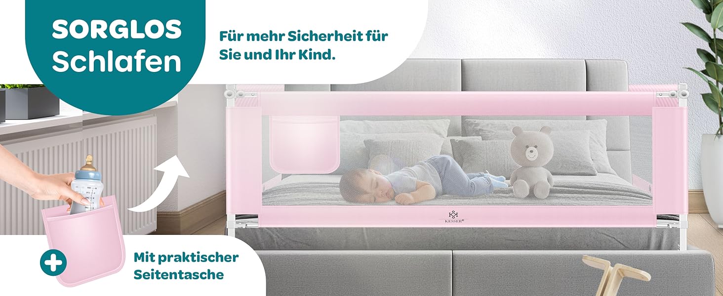 Захисний бортик для ліжка KESSER® 150 см, сітчастий, складаний та регульований по висоті, захист від випадання для дітей та немовлят, бежевий