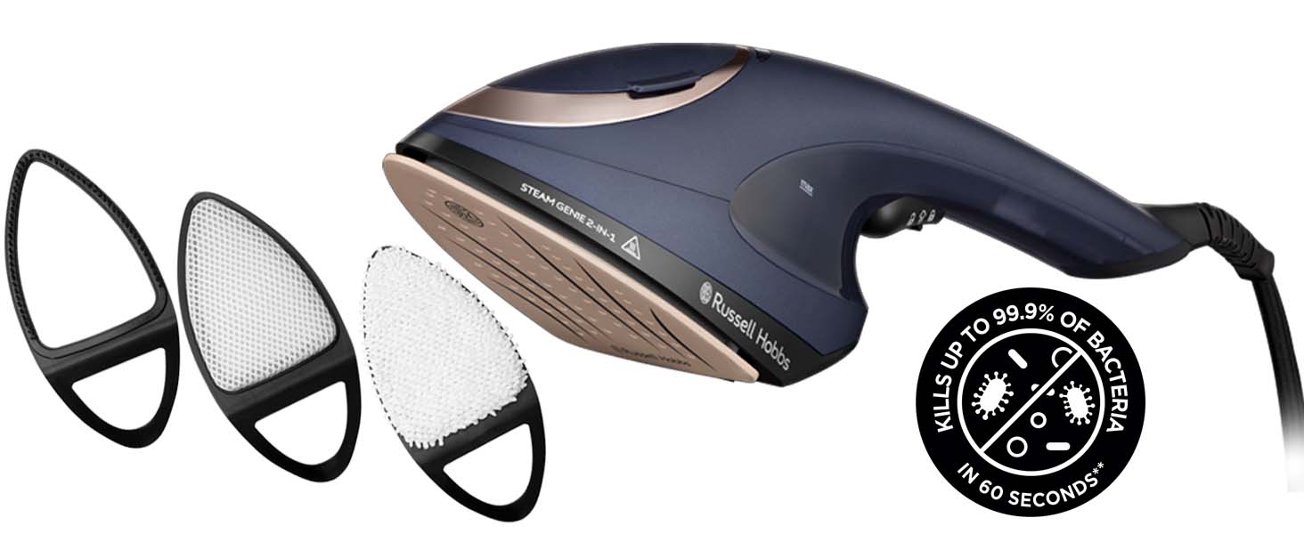 Праска Russell Hobbs Steam Genie 2-в-1: праска + відпарювач (1700W, 20г/хв, для одягу, штор, м'яких меблів, термостійка сумка)