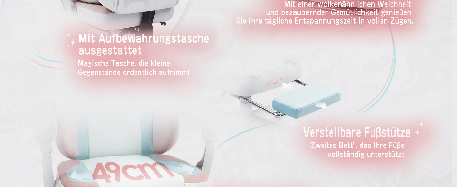 Ігровий крісло Dowinx з підніжкою, ергономічний геймерський крісло для ПК, комфортний крісло для геймерів, рожево-білий