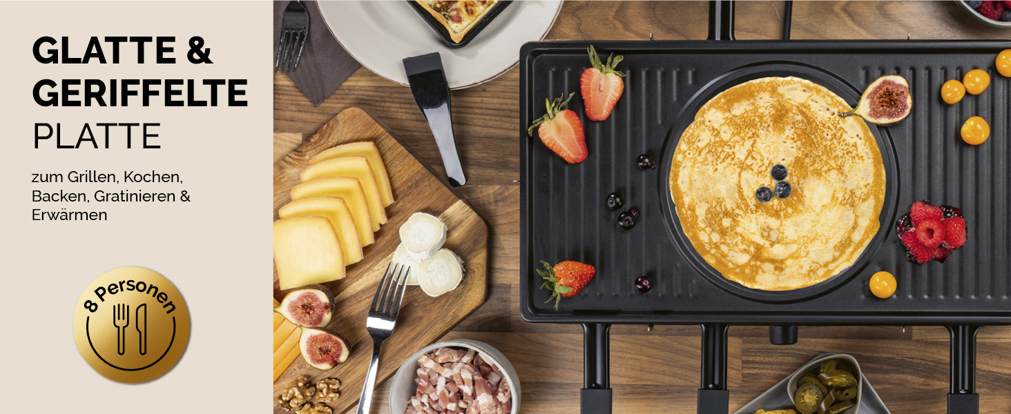 GOURMETmaxx Ракуле-Фондю 2-в-1 на 8 осіб | Ракуле-Фондю комбінація з 8 сковородами, лопатками та виделочками | Ідеально для вечірок | Ракуле та Фондю для 8 осіб