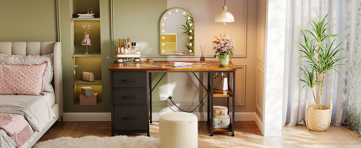 Комп'ютерний стіл Coleshome з ящиками з тканини, 130x48 см, з 2 розетками та 2 USB-портами, з полицею, для офісу/вітальні, коричневий, 130x48x75.7 см