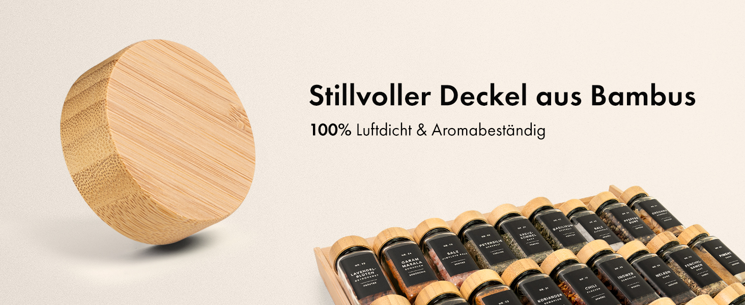 Набір бамбукових скляних баночок для спецій (24 x 120 мл) з ситечком та 240 етикетками. Організатор для спецій, контейнери для спецій, баночки для спецій. Розміри: 11x4,5 см