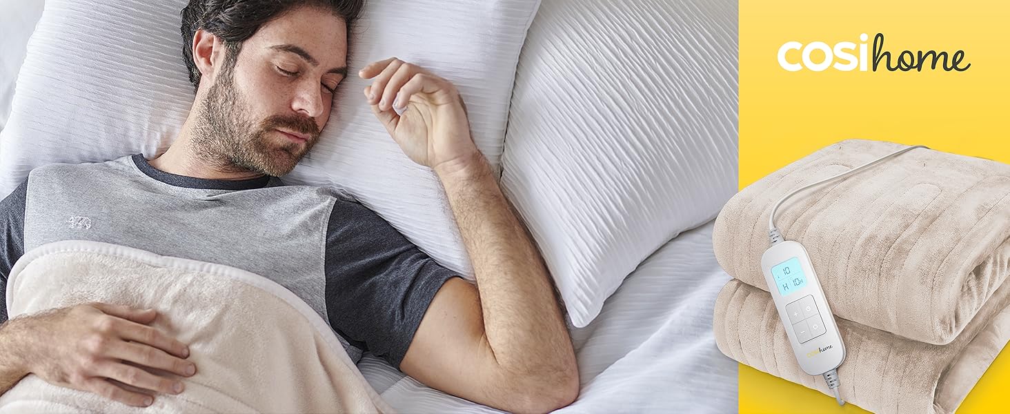 Електрична ковдра Cosi Home 180x130 см з регулюванням температури, таймером та захистом від перегріву. Зручна флісова ковдра з 10 рівнями нагріву та дистанційним керуванням. Колір: кремовий.