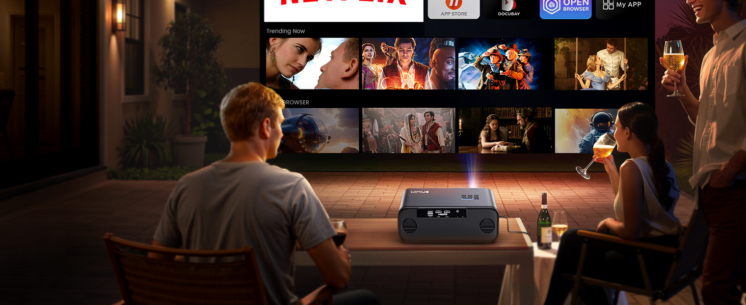 Проектор WiMiUS 1100 ANSI з 4K, Dolby Audio, WiFi 6, Bluetooth та Автофокусом для Домашнього Кінотеатру та Відкритих Подій (Android/iPhone)