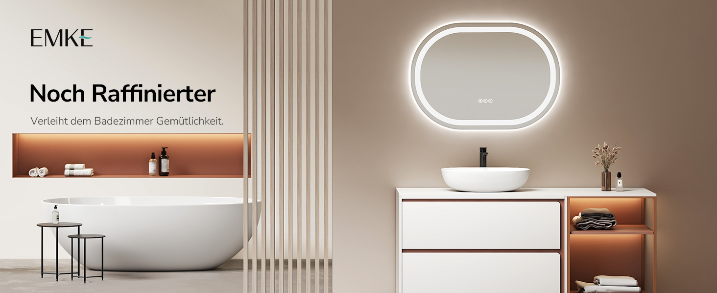 EMKE Дзеркало для ванної кімнати з підсвічуванням 50x90 см овальне з сенсорним вимикачем, 3 кольори світла, регулювання яскравості, антизапарник, функція пам'яті, автоматичне вимкнення через 3 години