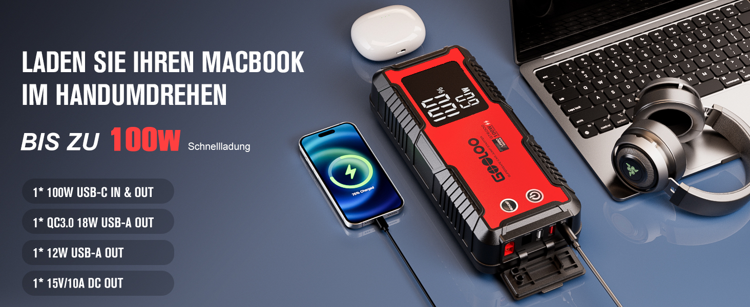 Powerbank-пусковий пристрій GOOLOO GT6000: 6000A, LED-ліхтарик, екран 3.2