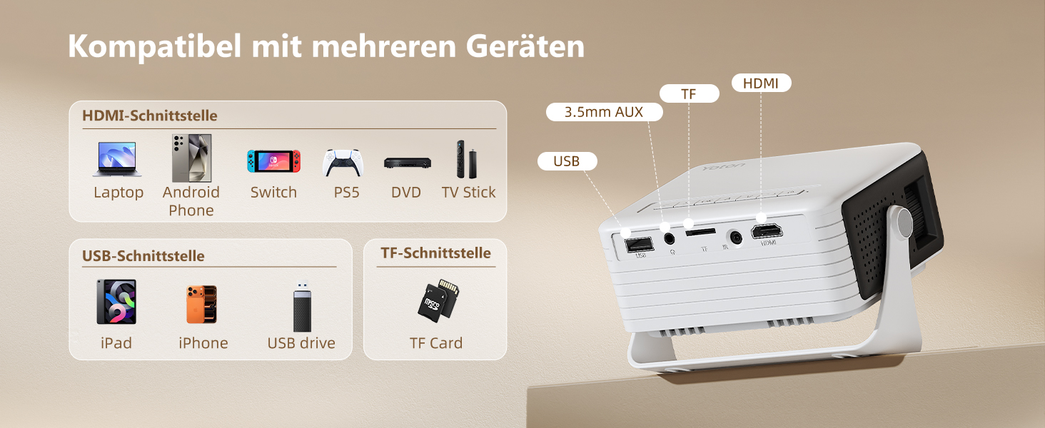 YOTON Mini Beamer 1080P: Портативний проектор для дому, кінотеатру, PS5, HDMI/USB, з автокорекцією та поворотом на 180° - Чорний