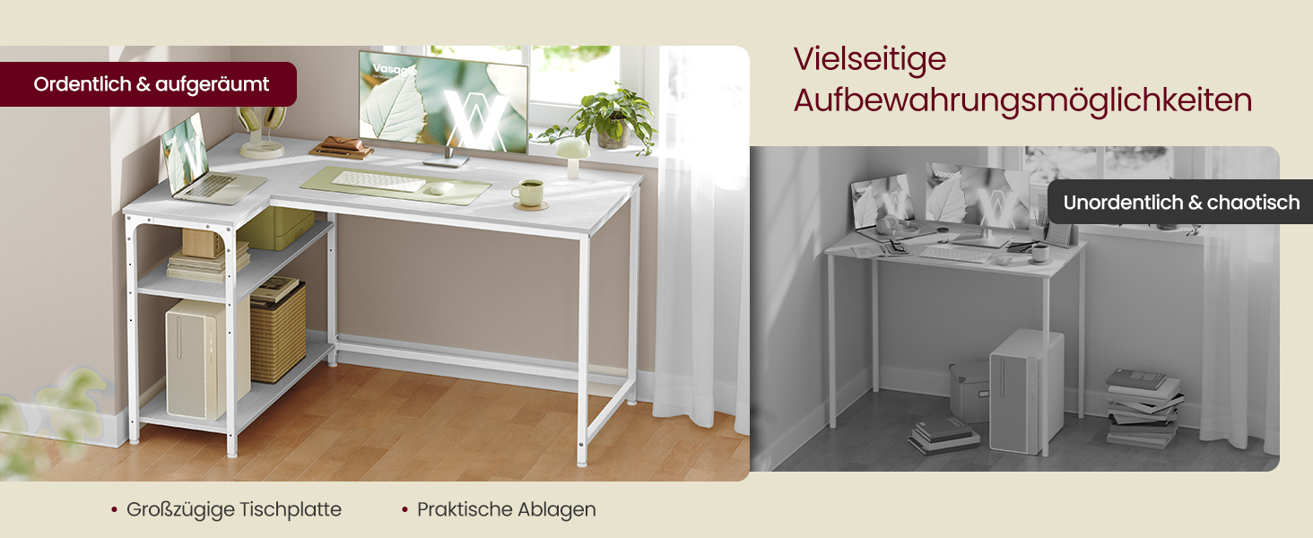 Кутовий стіл VASAGLE L-подібної форми з полицею, для офісу вдома, 120 x 80 см, Ahornweiß (без розетки)
