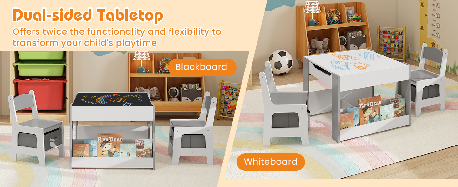 Дитячий стіл LIFEZEAL 3 в 1 з 2 стільцями: стіл для малювання, активностей та обідній стіл. Дитяча меблева група з дерева з місцем для зберігання (сірий)