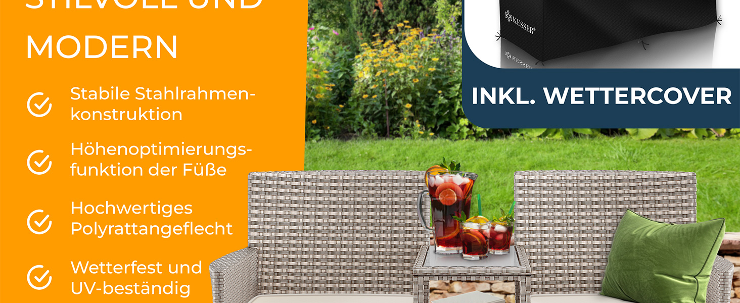 Садовий диван KESSER® з ротангу на 2 особи з вбудованим столиком, 143×63×88 см - стійкий до погодних умов, комплект з подушками та чохлами, антрацит