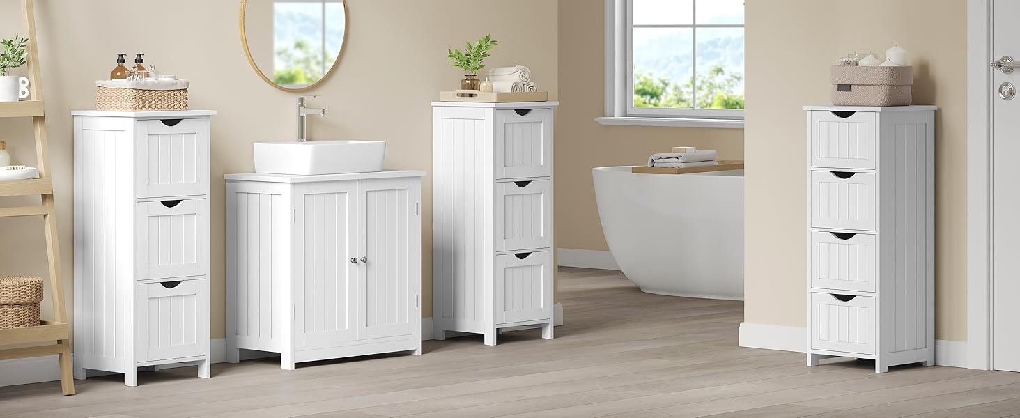 Шафа для ванної кімнати WOLTU, вузька шафа з 3 висувними ящиками, 32 x 30 x 81 см, для ванної, вітальні, спальні, кухні, сучасний дизайн, білий колір, BZS123ws