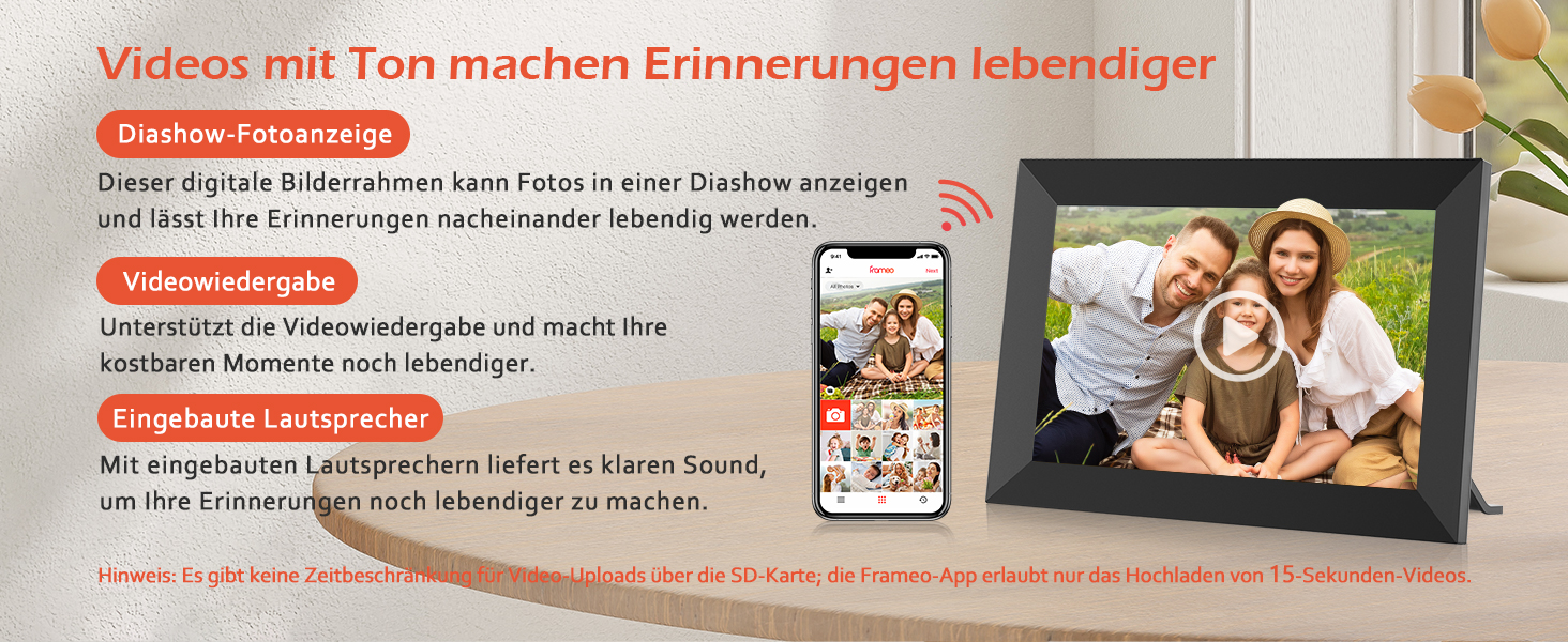 Цифровий фоторамка Frameo 10.1 дюйма WiFi, IPS сенсорний екран, 32GB, автоматичне обертання, для стін, миттєва відправка фотографій