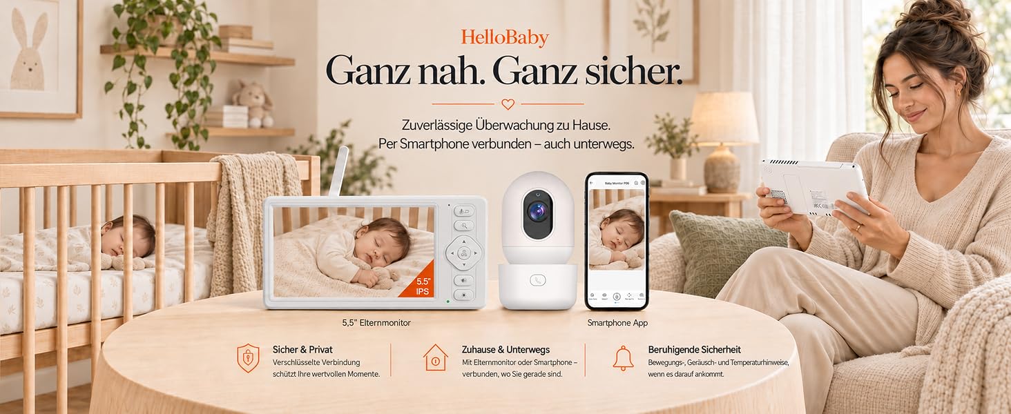 Відеоняня HelloBaby з WiFi та камерою: монітор з нічним баченням, датчиком руху, двостороннім аудіо та керуванням через додаток (5.5 дюймів, білий)