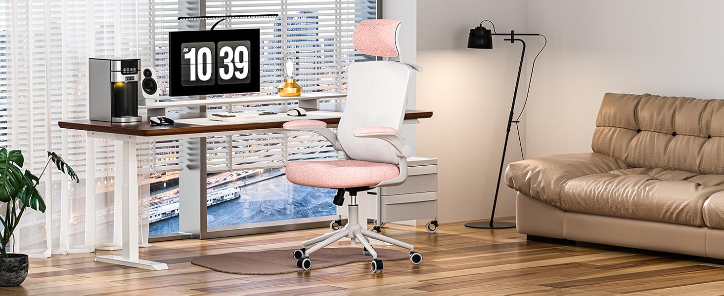 Ергономічне крісло для офісу з регульованою підголівником та поперековою підтримкою – високе офісне крісло з сітчатим спинком та м'яким сидінням, вішалка для одягу та функцією блокування (білий та рожевий)